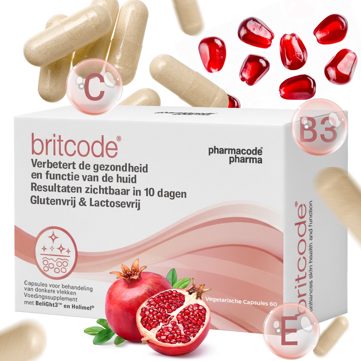PharmaCode Druivenpitolie en Zoethout BritCode Capsules - Vitamine C, B3, E, Selenium - Voedingssupplement Voor Huidgezondheid - Ondersteunt Melanine Regulatie & UV Bescherming - 60 Capsules