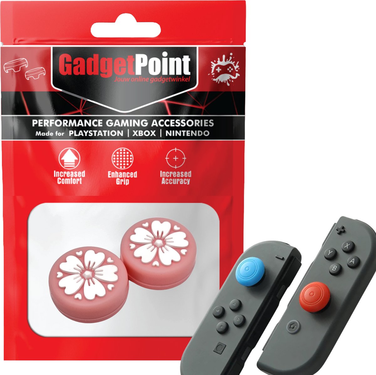 Gadgetpoint | Gaming Thumb Grips | Performance Thumbsticks | Accessoires geschikt voor Nintendo Switch Joy-Con Controller(s) | Thumbgrips | Bloemetjes Roze met Wit