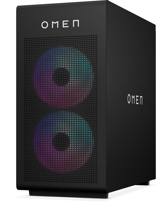 Zwarte OMEN gaming pc met dubbele ronde RGB ventilatoren op het front en zijkant.