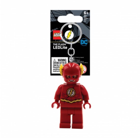 Rode LEGO The Flash sleutelhanger met gele vleugels en bliksemlogo.
