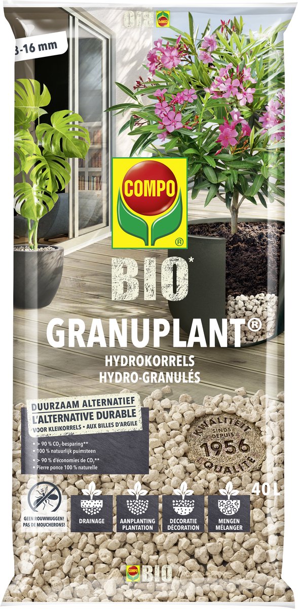 COMPO Bio Granuplant - 100% natuurlijke hydrokorrels - plant- & drainagegranulaat - duurzaam alternatief voor kleikorrels - zak 40L