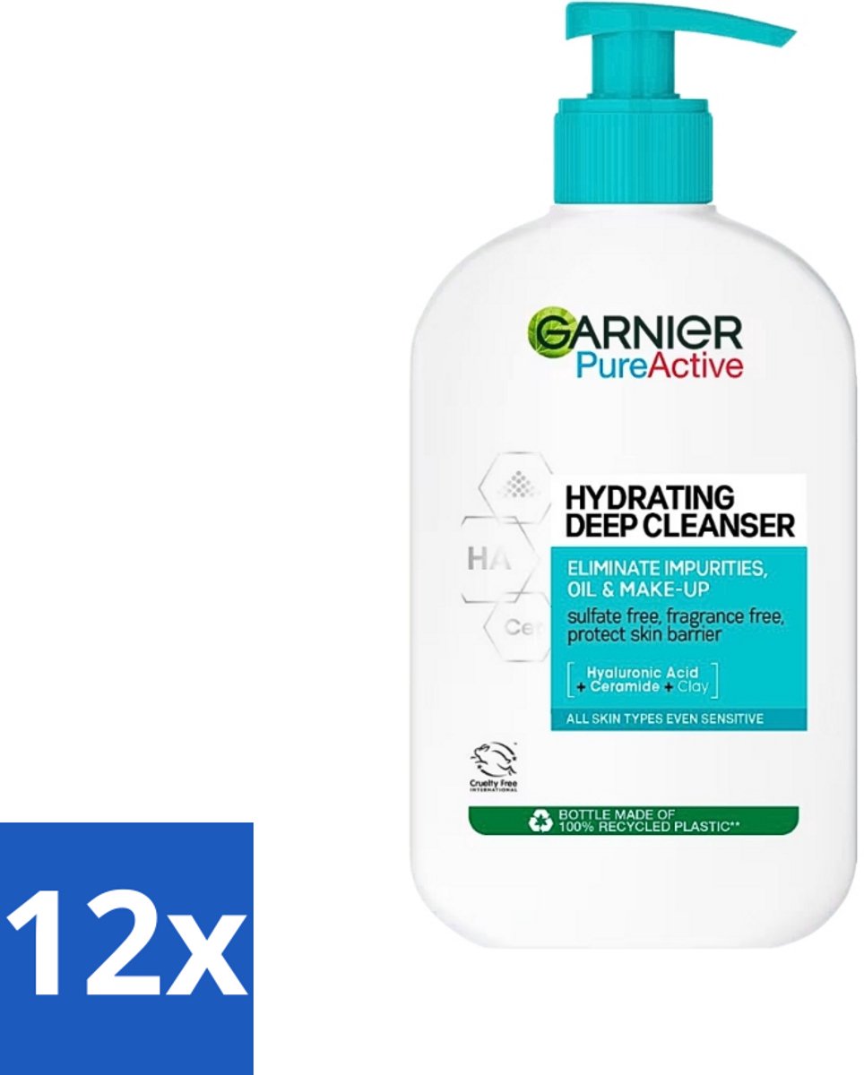 12 x Garnier - Pure Active - Gezichtsreiniger - Hydraterend - 250 ml - Gezichtsreiniger - Hydraterende Reiniger - Garnier Pure Active - Gezichtsverzorging - Gevoelige Huid