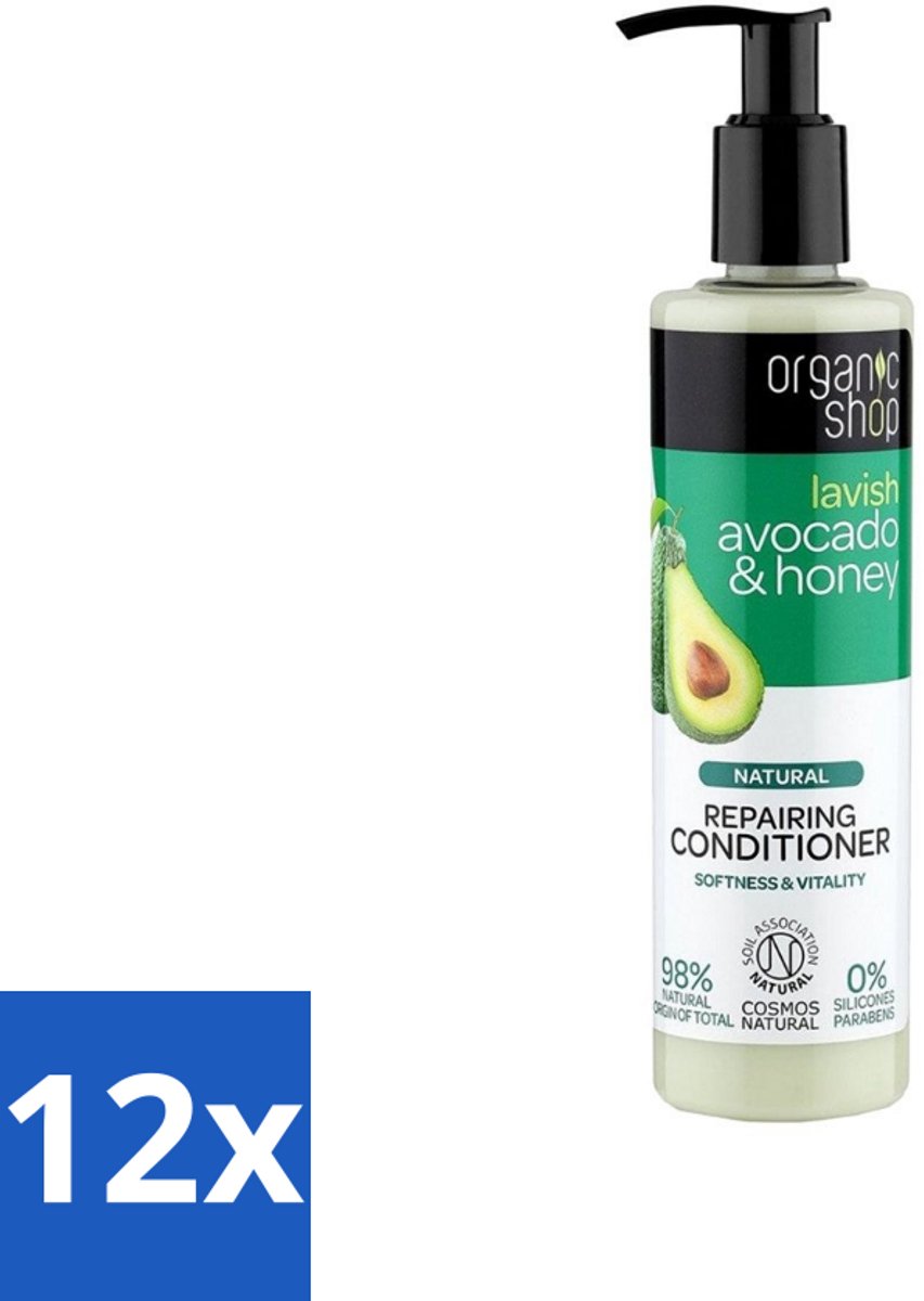 12 x Organic Shop - Natural Repairing Conditioner - Avocado & Honey - 280 ml - Herstellende Conditioner - Avocado Conditioner - Honing Conditioner - Droog Haar - Beschadigd Haar