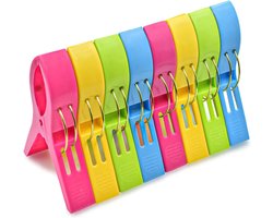 Strandlaken Knijpers - 8 Stuks - Grote Handdoek Klemmen - Badlaken Clips - Wasknijper - Dekbedhoes - Gekleurde grote kunststof handdoek/strandlaken knijpers 12 cm - Badlaken/strandlaken klemmen - Blauw, groen, geel, roze