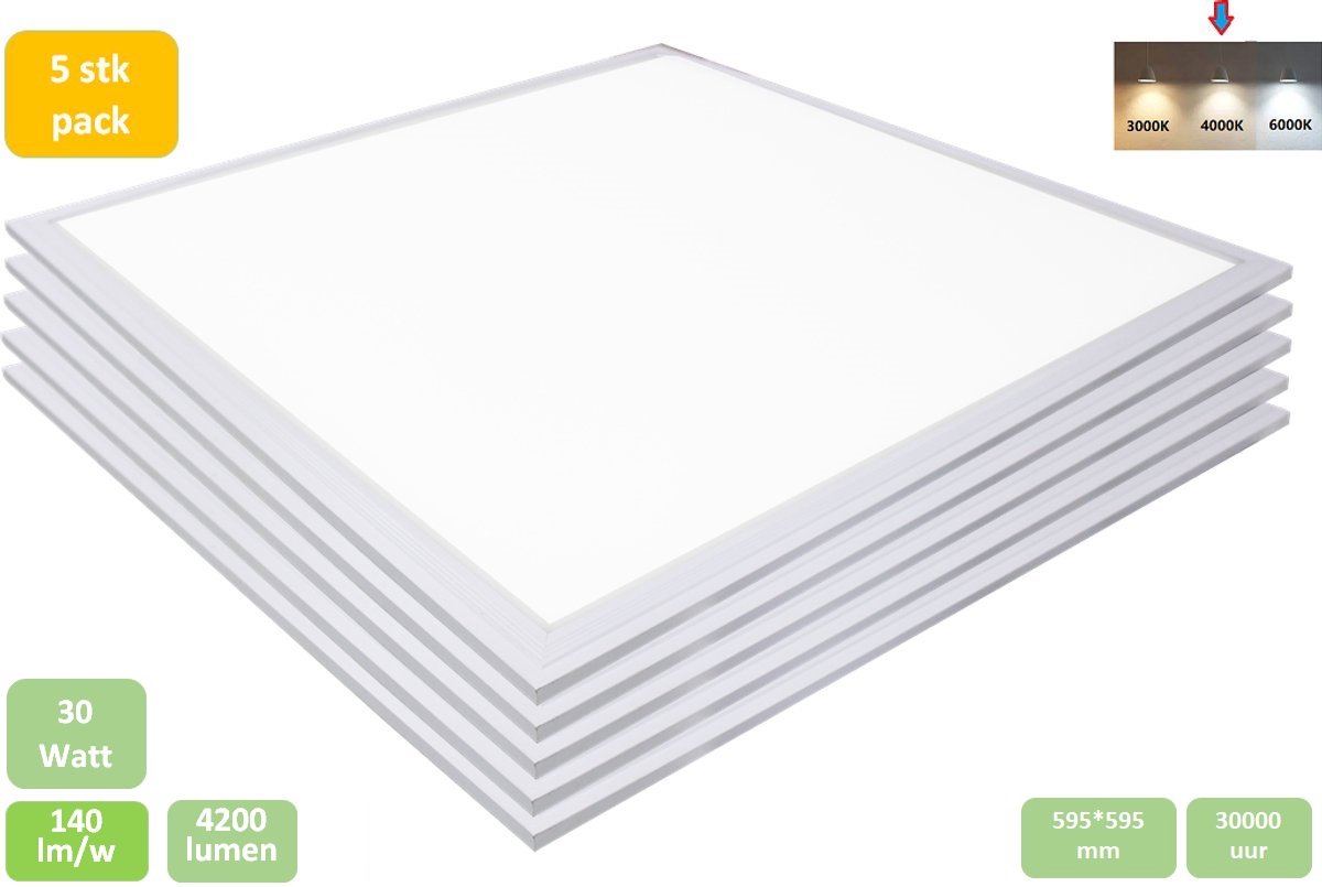 5pcs - LED paneel 60x60 cm - 30w 4000k (neutraal wit) - 4200lm