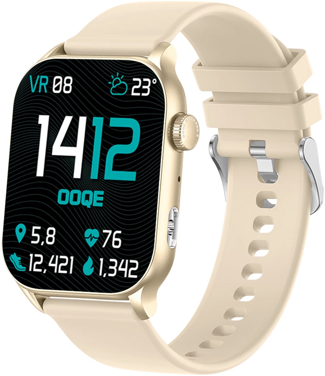 OOQE WATCH PRO 8 - Smartwatch Heren en Dames | Geschikt voor iOS en Android | AMOLED | Notificaties | Gezondheidsanalyse | Sportanalyse | GPS Koppeling | Bellen | Muziek/Audio Luisteren | Ergonomisch | Nederlandstalig | Goud