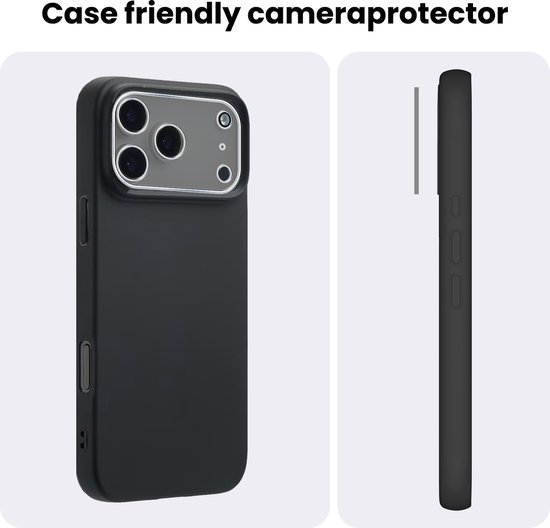 iPhone met cameralensbeschermer en een zwarte hoes. Rechts een zijaanzicht van de telefoon met hoes en beschermer.
