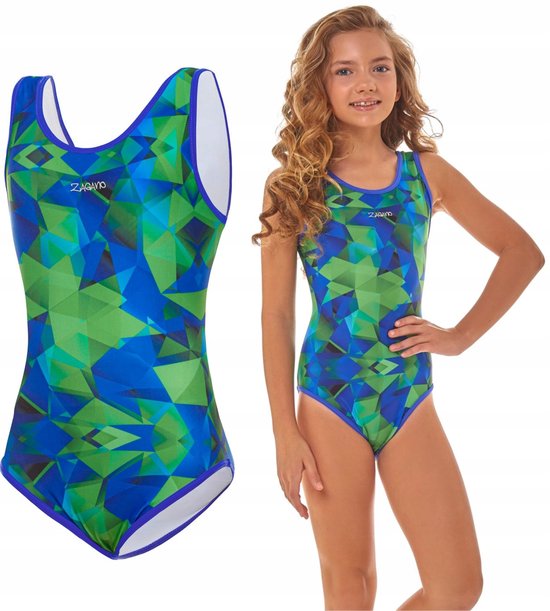 Zwemstijl met geometrisch patroon in blauw en groen, met opdruk ZAGANO.