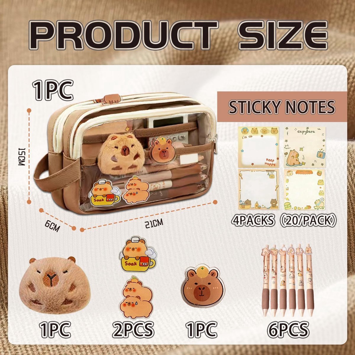 Capybara Schrijfgoed-set – Schattig Etui Met Pennen, Gum, Sleutelhanger, Stickers En Liniaal – Groot Volume, Ideaal Voor Meisjes, Scholieren En Kunstenaars