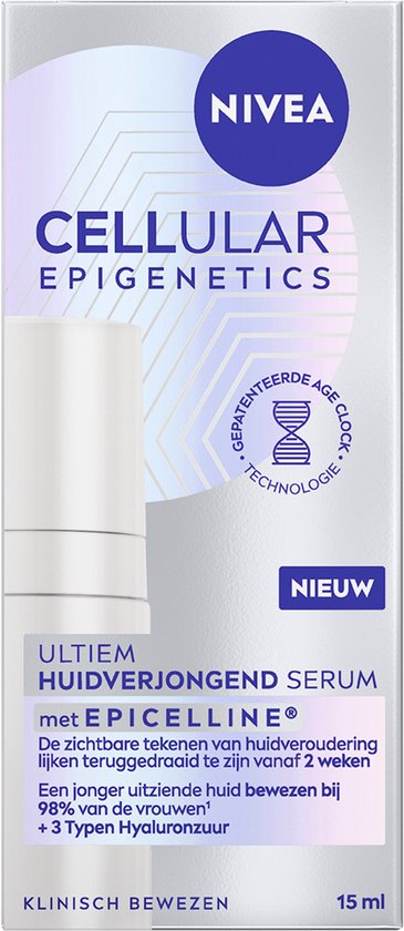 Doos van NIVEA Cellular Epigenetics huidverjongend serum met tekst 'NIEUW' en 'EPICELLINE'.