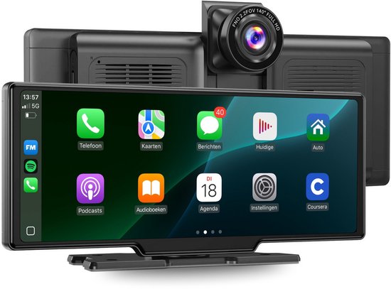 Draadloos 10″ CarPlay & Android Auto scherm met Full HD dashcam, touchscreen, Bluetooth, 64GB SD-kaart, universeel auto