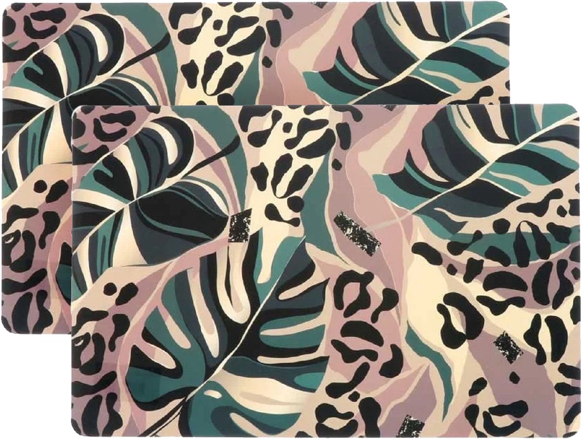 Unique Living Placemat Jungle - 4x - Monstera bladeren - 44 x 28 cm - tafeldecoratie - panterprint