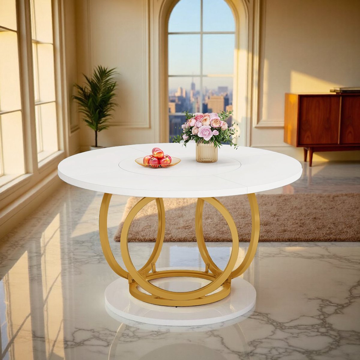Ronde Eettafel – Moderne Esszimmertisch 120 cm – Weißer Küchentisch mit Goldenem Metallgestell – Großer Esstisch für 4–6 Personen – Holz Tischplatte – Stilvolles Esszimmer & Küche – HomeByNicole