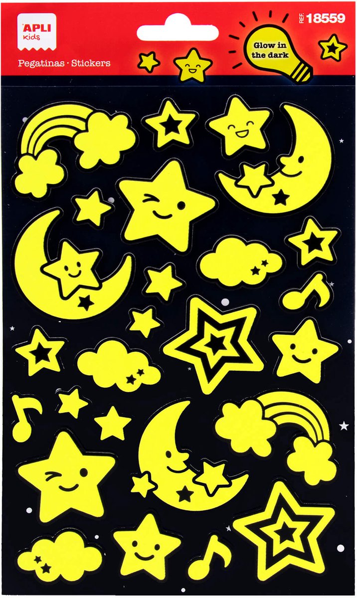 APLI Kids stickers glow in the dark sterren en maan multicolor.
