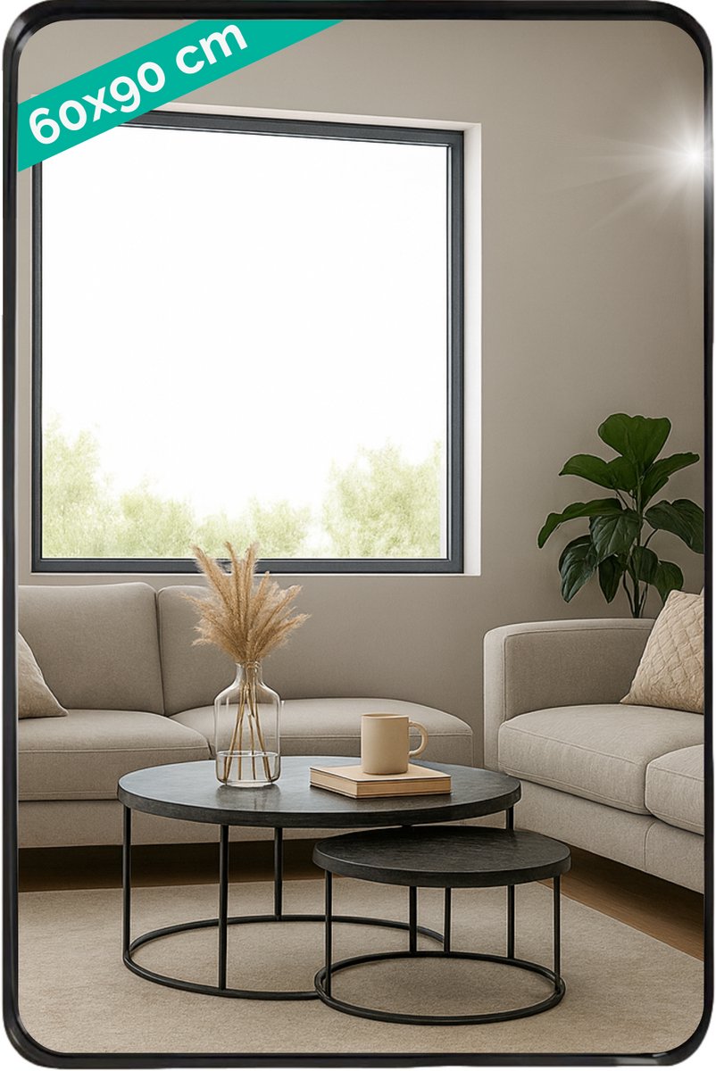 HSXL - Spiegels - Luxe Rechthoekige Spiegel Zwart - 60x90cm Groot - Grote Wandspiegel 60 x 90 cm Rechthoek met Zwarte Rand - Passpiegel Hangend - Woonaccessoires - Mirror