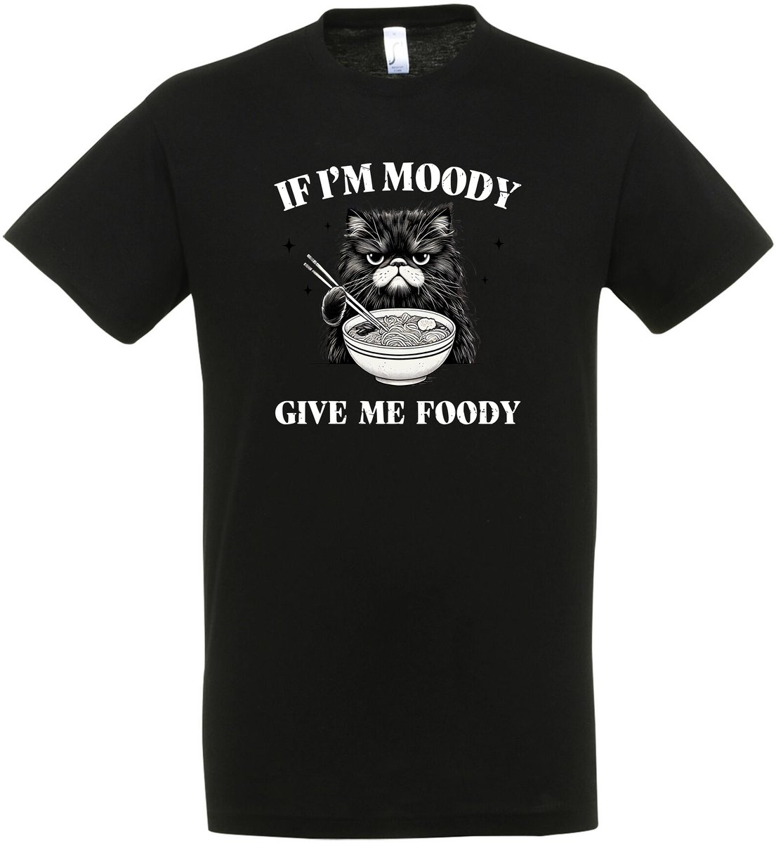 If I’m Moody Give Me Foody T-shirt - cadeau - Kat - Zwart - Grappige T-shirts - DrogeHumor - Maat M