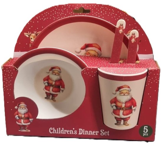 Kerst servies setje - 5-delig - met kerstman - voor kinderen - ontbijtset - kerstdiner - bordje, beker, kom, mes, vork