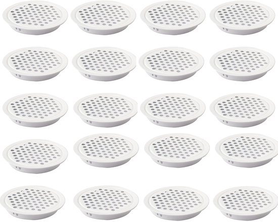 Twintig witte, ronde ventilatieroosters met een platte voorkant vol kleine gaatjes, in een raster van 5 bij 4.