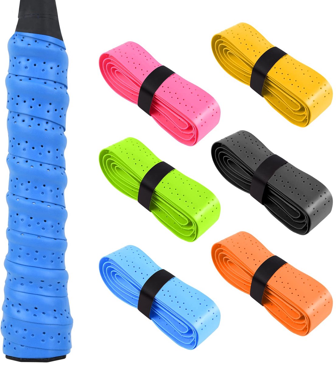 longziming -Set van 6 Racket Gripbanden – Antislip Overgrip in 6 Kleuren, PU + EVA, 110x2.5x0.07 cm voor Tennis, Badminton, Squash & Meer