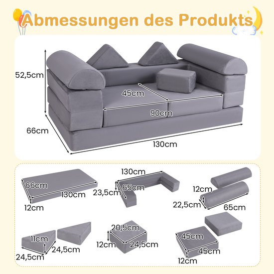 COSTWAY Modulaire kinderbank, 9-delige speelbank van schuimrubber, bouwstenen met comfortabele suède, modulaire bank voor kinderen om te spelen, creatief te zijn, te slapen (grijs) van COSTWAY — afbeelding 2