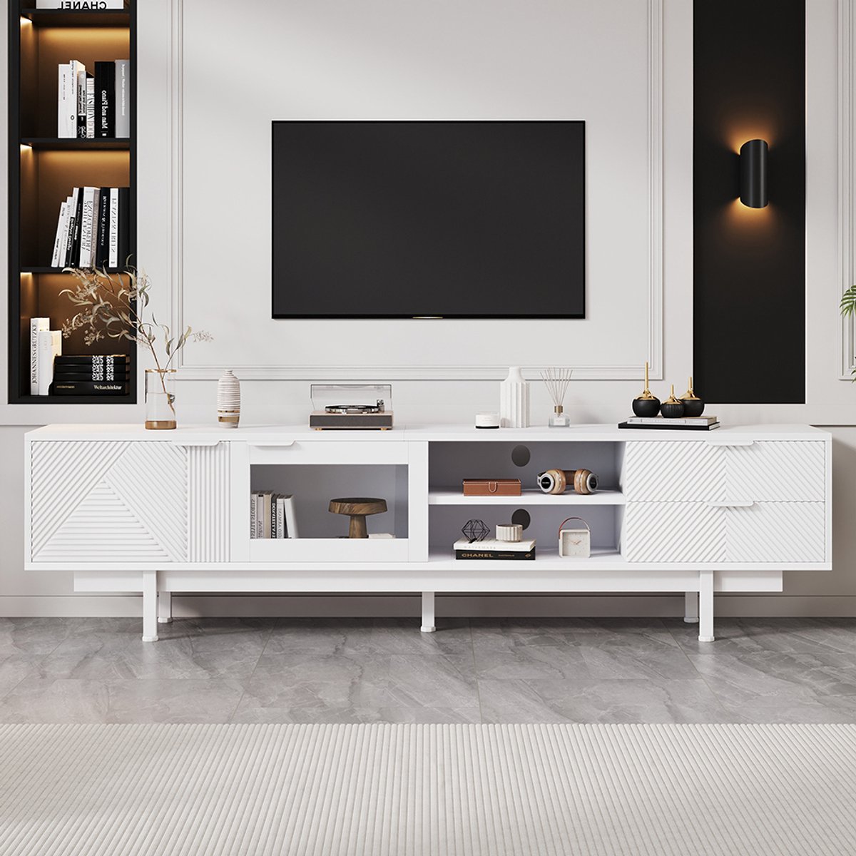 KOMHTOM Modern en eenvoudig tv-meubel 200*40*50,5 cm, laag meubel met 2 deuren en 2 lades, tv-meubel met grote opbergruimte, woonkamermeubel met een totaal draagvermogen van 45 kg, geschikt voor 80 inch, wit