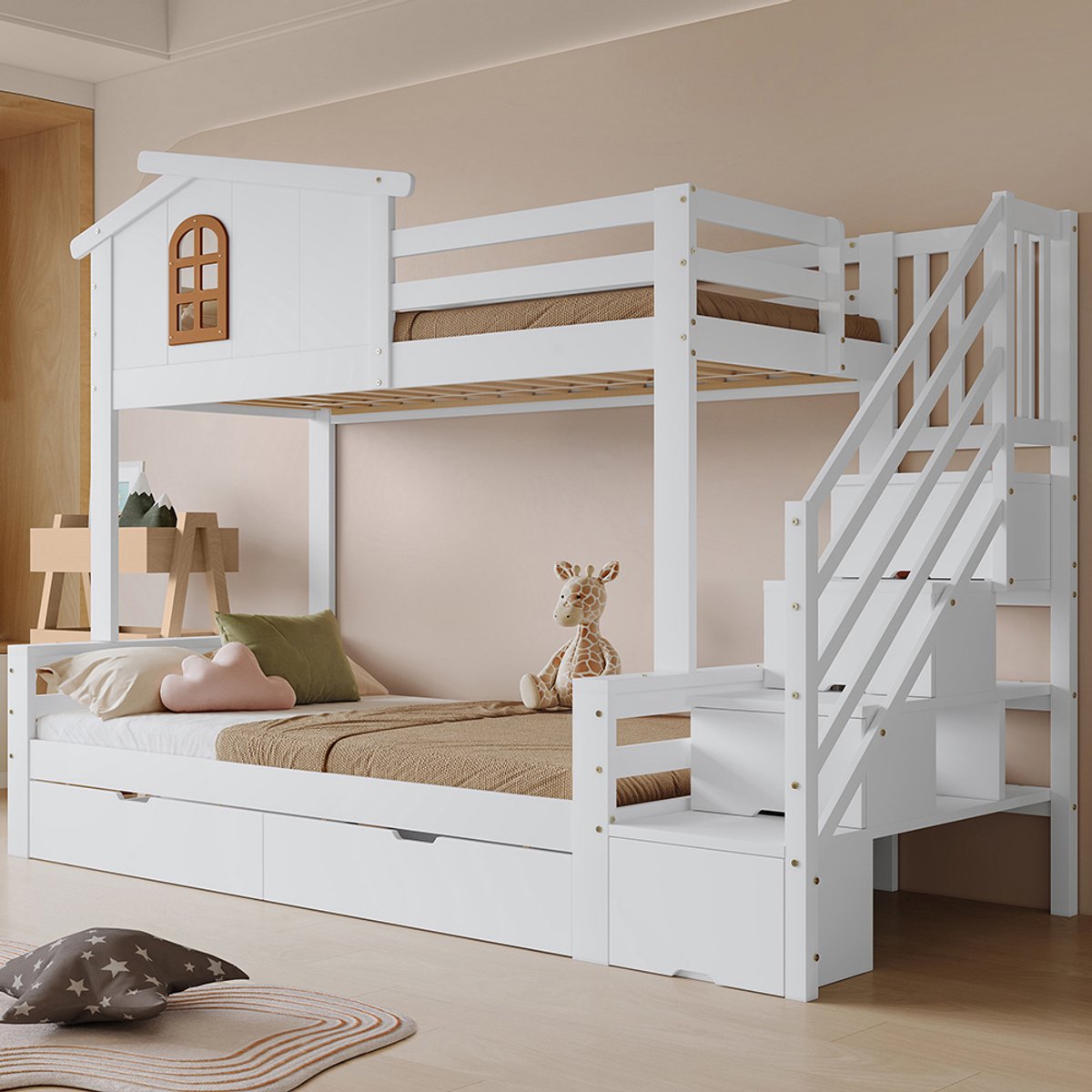 KOMHTOM BLACKCOLORS Stapelbed, babybed, twee lades op wieltjes, mooie verfijnde ramen, hoekkast met ladder, stabiele lattenbodems, grenen + MDF + multiplex, wit + naturel, 90 x 200 cm