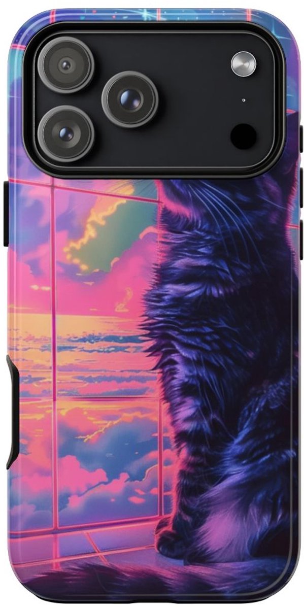 Lofi Vaporwave Kat met Neonlucht – Telefoonhoesje Geschikt voor iPhone 17 Pro Max