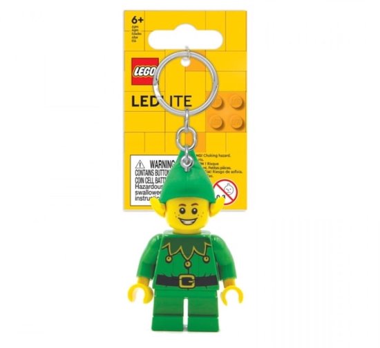 LEGO kerstelf sleutelhanger met led-lampje in verpakking, elf in groene outfit en groen elfmutsje.