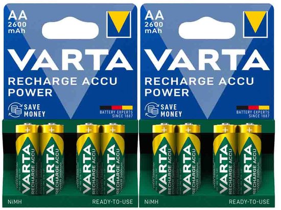 Twee verpakkingen Varta AA oplaadbare batterijen, elk met 4 stuks. De batterijen zijn geel met groen en hebben het Varta logo.