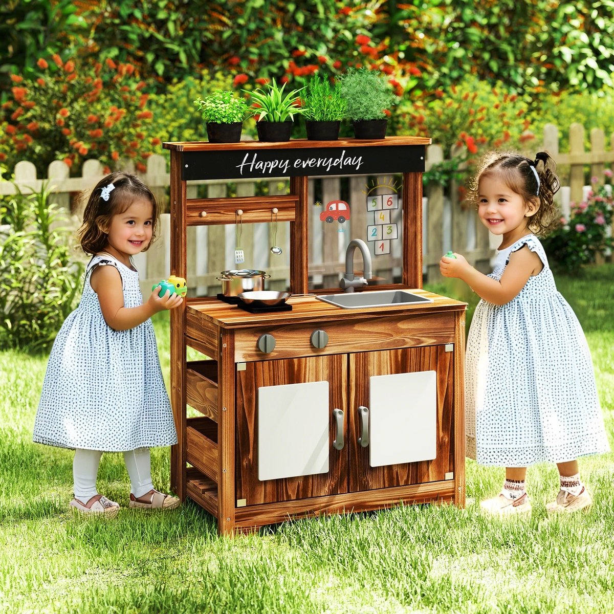 COSTWAY Modderkeuken voor kinderen, outdoor, kinderkeuken, dennenhout met 4 kookpotten, kraan en afneembare spoelbak en kookplaten, outdoorkeuken, speelkeuken met kookaccessoires voor kinderen vanaf 3 — afbeelding 7
