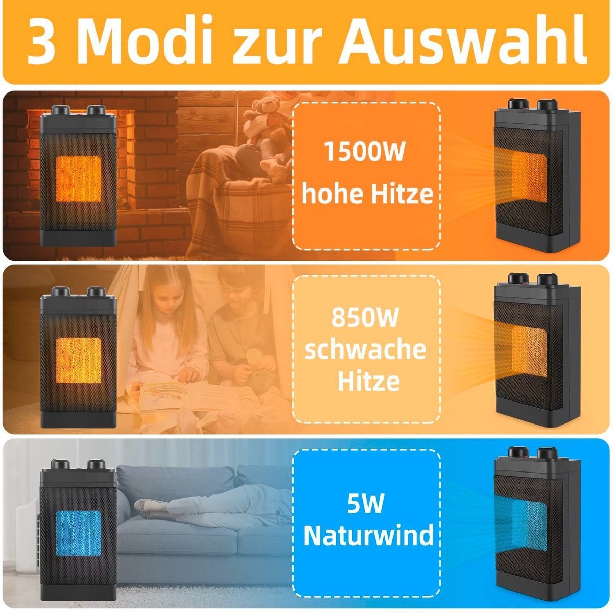 NETTLIFE Elektrische Kachel - Keramische Ventilatorkachel - 1500W - Keramische Kachel - Heater - 70° Draaifunctie - Elektrische Verwarming - 3 Standen - Zwart – foto 3