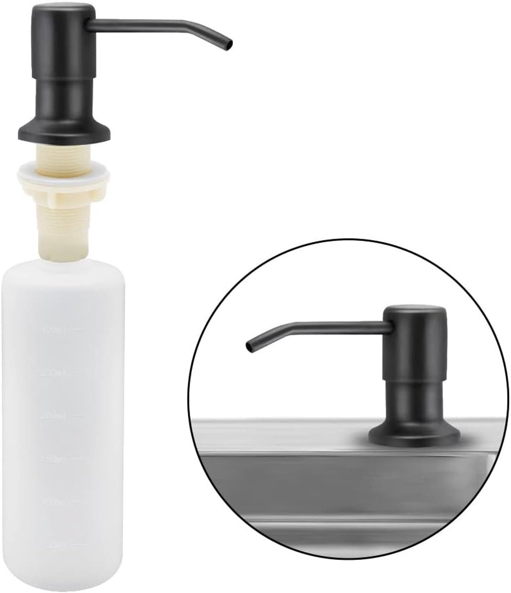 Ynkkvre - Zeepdispenser Keuken 350 ml - Ingebouwde RVS Zeepdispenser voor Spoelbak - Navulbare Zeepdispenser met 360° Draaibare Pomp - Zwart Mat Roestvrij Staal