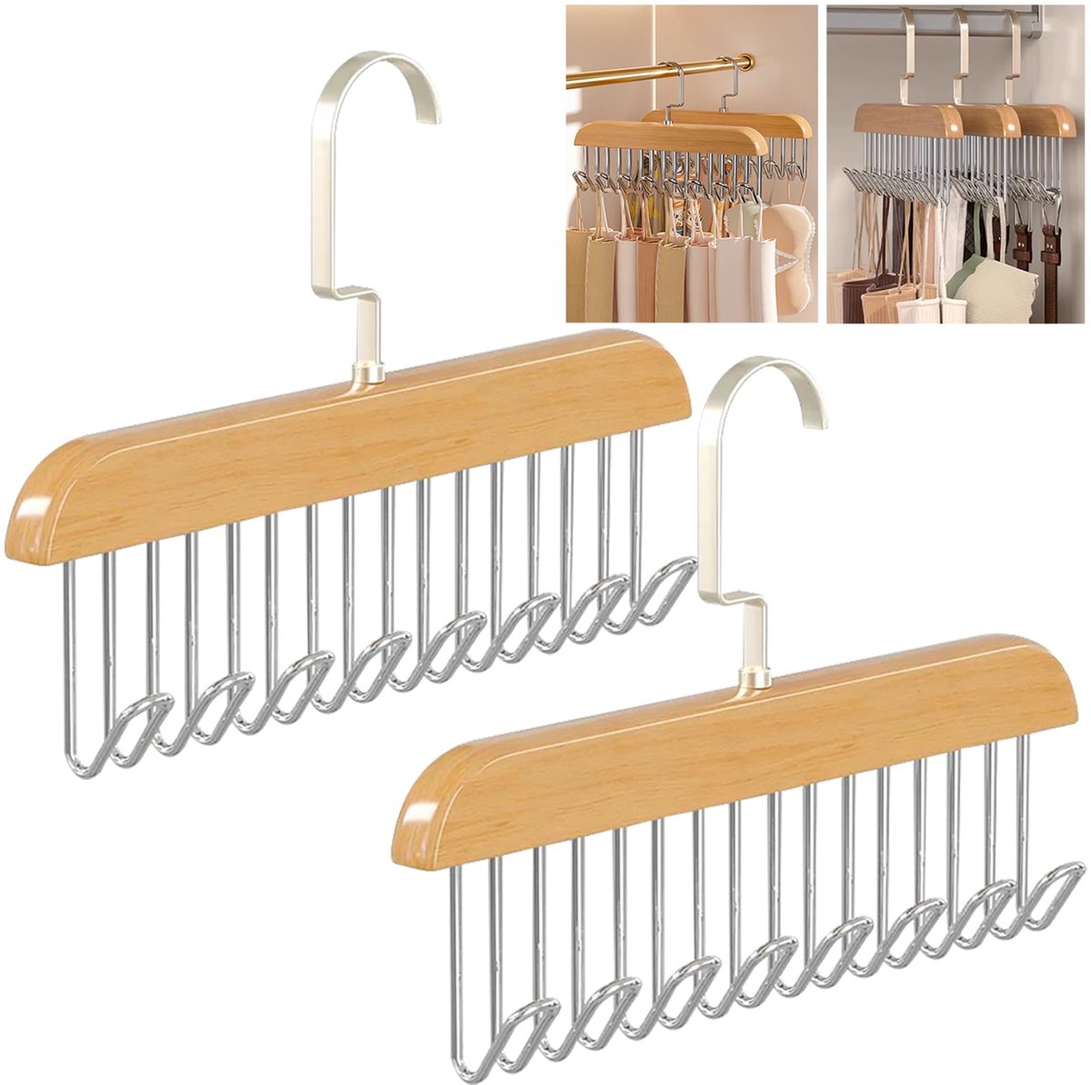 Ynkkvre - 2 stuks Houten Kledinghangers - Stropdassen en Riemenhouder - 28 x 18 x 3 cm - 8 Haakjes - Draaibare Kledinghanger voor Bretels, Stropdassen en Sjaals