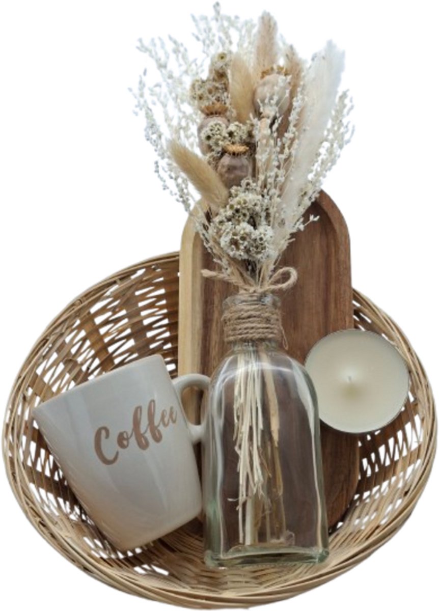 Droogbloemen in Glazen Vaas – Cadeauset met Houten Dienblad, Geurkaars & Koffiemok – Woondecoratie Boho Stijl – Geschenkset