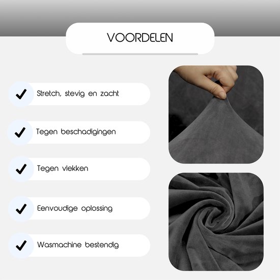 Voordelen van de bankhoes: stretch, stevig, zacht, beschermt tegen beschadigingen en vlekken, eenvoudig, machinewasbaar.