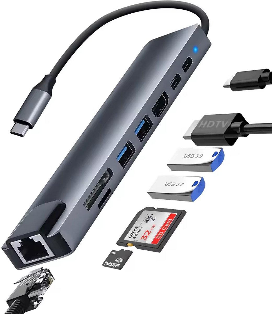 Usb 3.0 Type C Hub Multifunctionele 8 In 1 - Usb Splitter - Ethernet - Usb C - Hdmi - Docking Station Laptop - Micro SD Card Reader - 4K