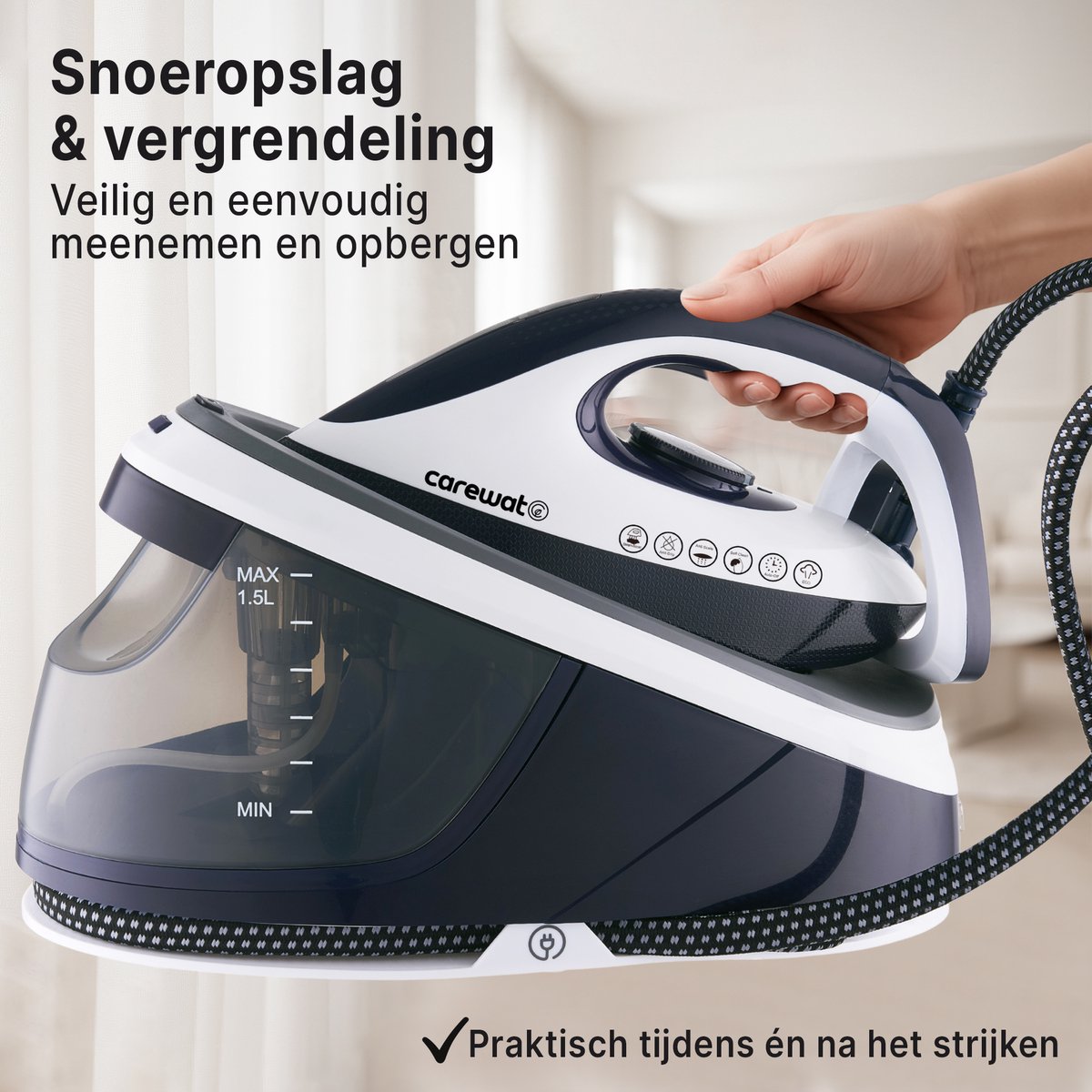 Carewat Stoomstrijkijzer met Stoomgenerator - Wit - 2200W - 1.5L Uitneembare Watertank - 100 g/min Stoomproductie - Keramische Zoolplaat - 3.0 Bar Stoomdruk - Anti-Oververhitting - Geschikt voor alle stoffen — afbeelding 3