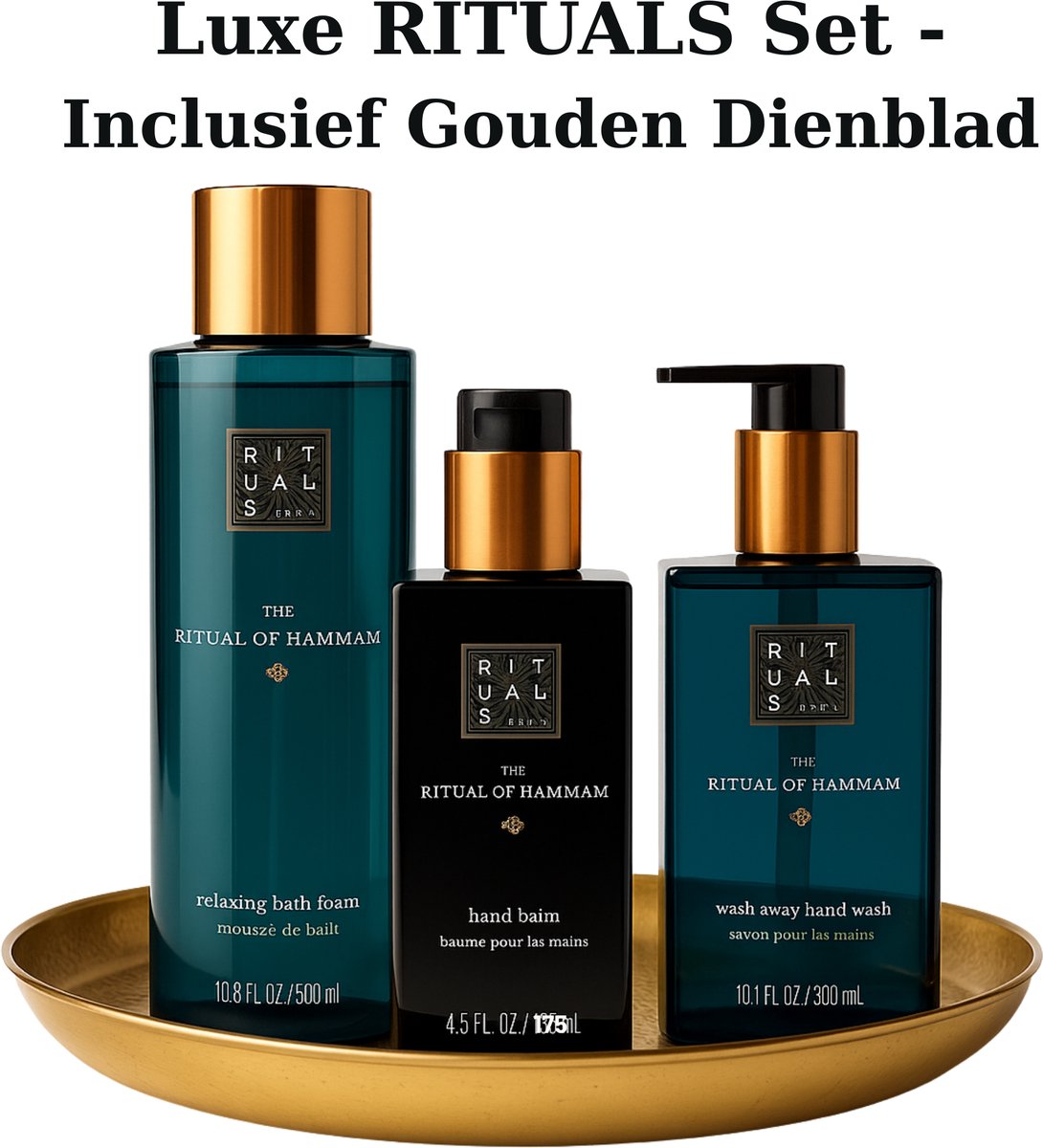Rituals - Geschenkset - Hammam - Bath Foam 500 ml + Hand Wash 300 ml + Kitchen Hand Balm 175 ml + Gouden Dienblad - Cadeau Set - Rituals Producten - Handzeep 300 ml