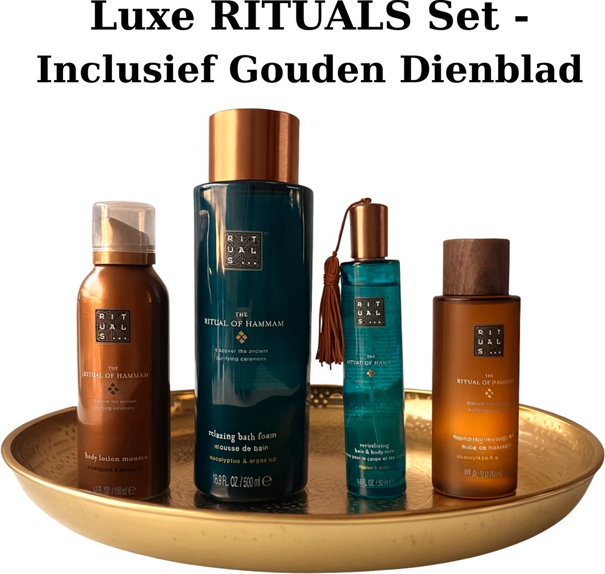 Rituals - Geschenkset - Hammam - Bath Foam 500 ml + Massage Oil 100 ml + Body Lotion Mousse 150 ml + HairBody Mist 50 ml + Gouden Dienblad - Cadeau Set - Rituals Producten