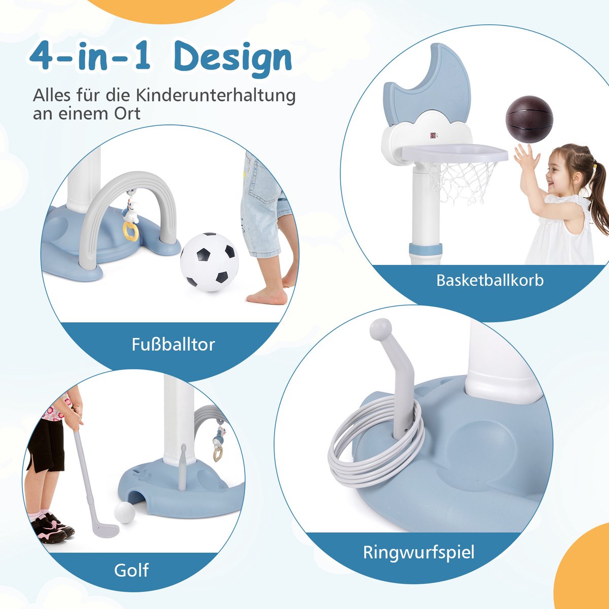 COSTWAY 4-in-1 basketbalkorf voor kinderen, in hoogte verstelbaar, met basketbal, voetbal en ringworp, kinderspeelplaats met displaybord, mandinstallatie voor kinderen vanaf 3 jaar (blauw) — afbeelding 2