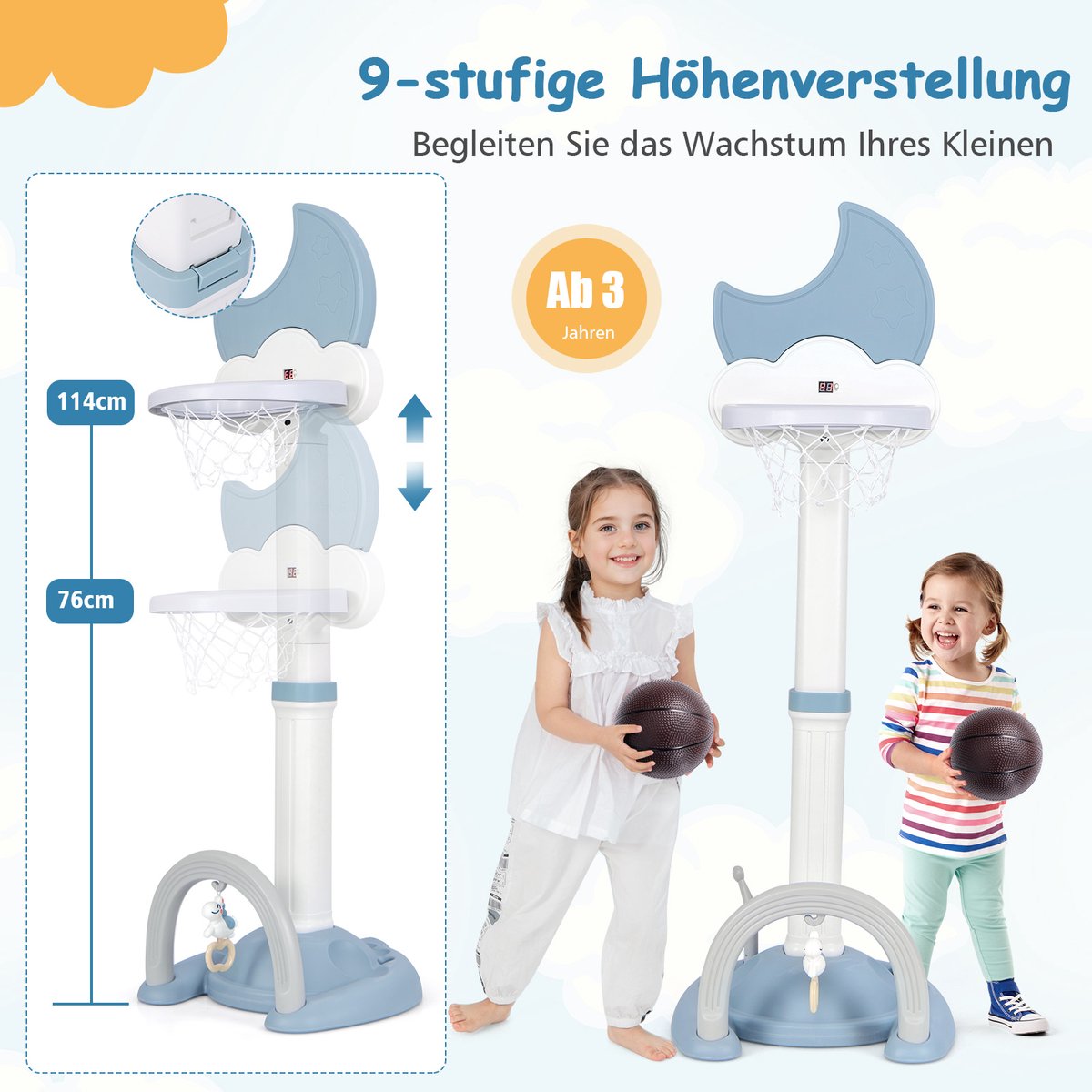 COSTWAY 4-in-1 basketbalkorf voor kinderen, in hoogte verstelbaar, met basketbal, voetbal en ringworp, kinderspeelplaats met displaybord, mandinstallatie voor kinderen vanaf 3 jaar (blauw) — afbeelding 4