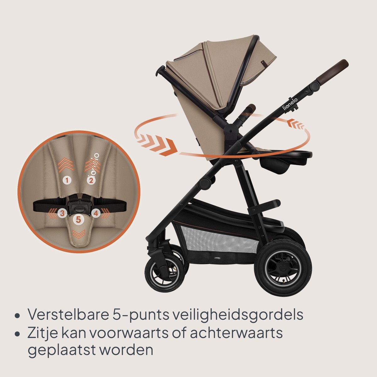 Lionelo Amber Kinderwagen 3 in 1 - Reiswieg + Buggy + Autostoel - Luchtbanden, Volledige Vering - Comfortabel baby matras - Snel Inklapbaar - Luiertas - Regenhoes - Muskietennet - Vanaf Geboorte tot 4 jaar (0-22 kg) – foto 7