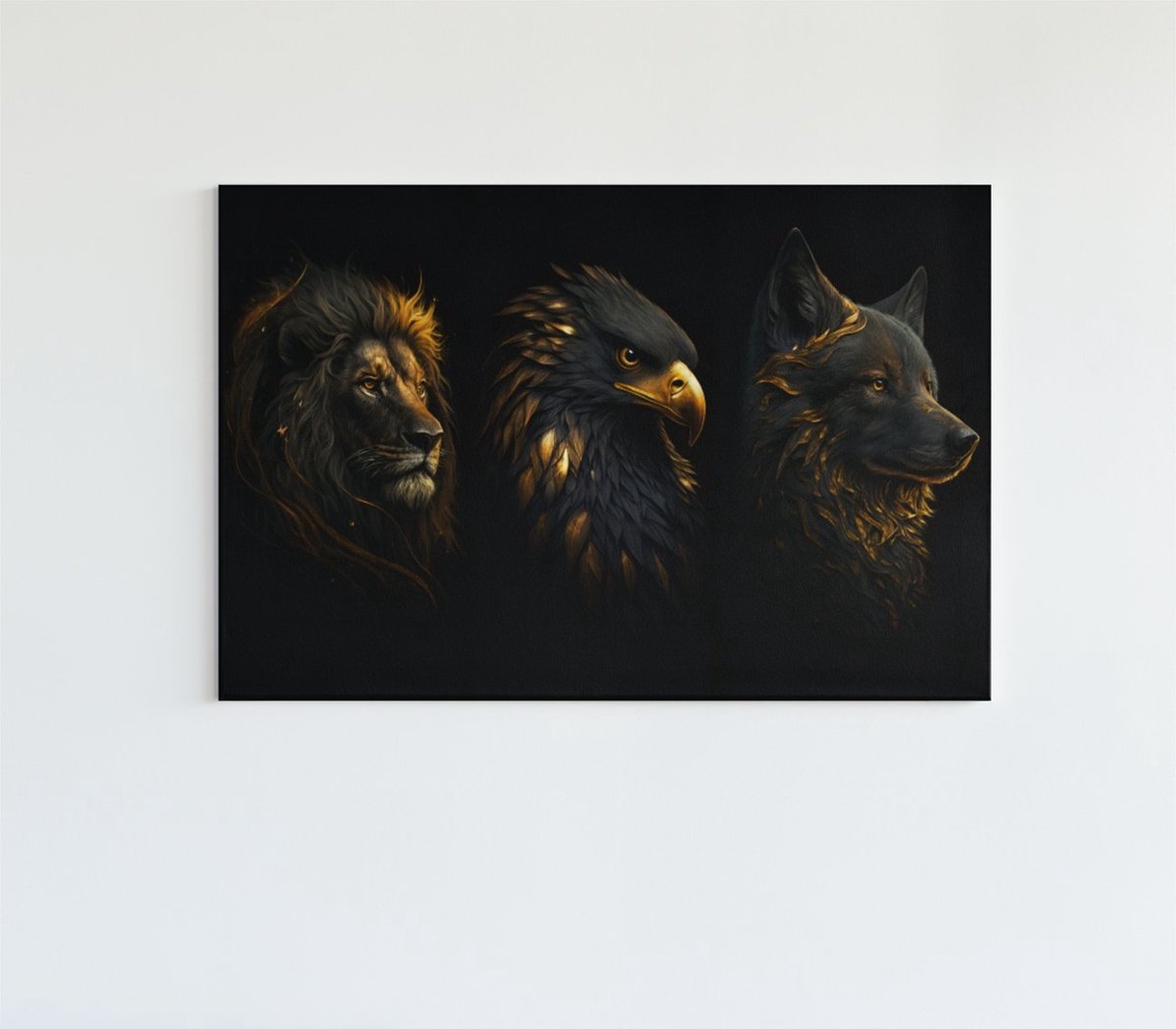 Canvas Schilderij - Wilde Dieren - Leeuw - Adelaar - Wolf - 120x80x2 cm