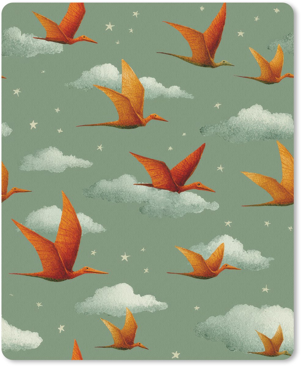 Muismat 19x23 cm - Mousepad Dinosaurussen - Wolken - Sterren - Oranje - Muismatten