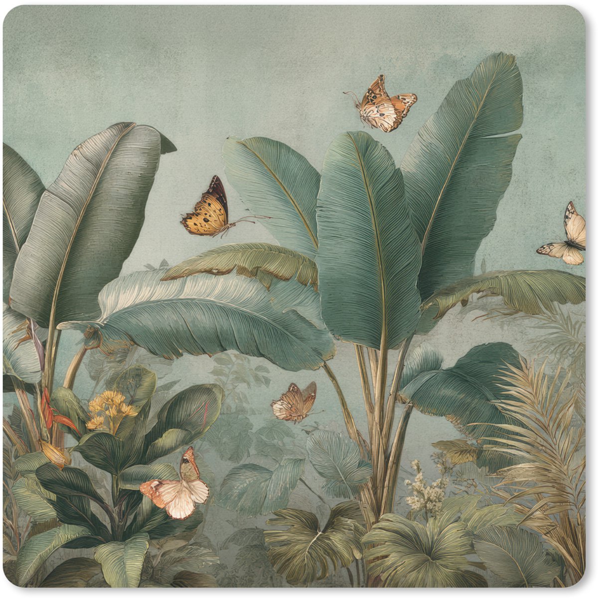 Muismat 30x30 cm - Mousepad Tropisch bladerdek - Vlinders - groen - Bruin - Muismatten