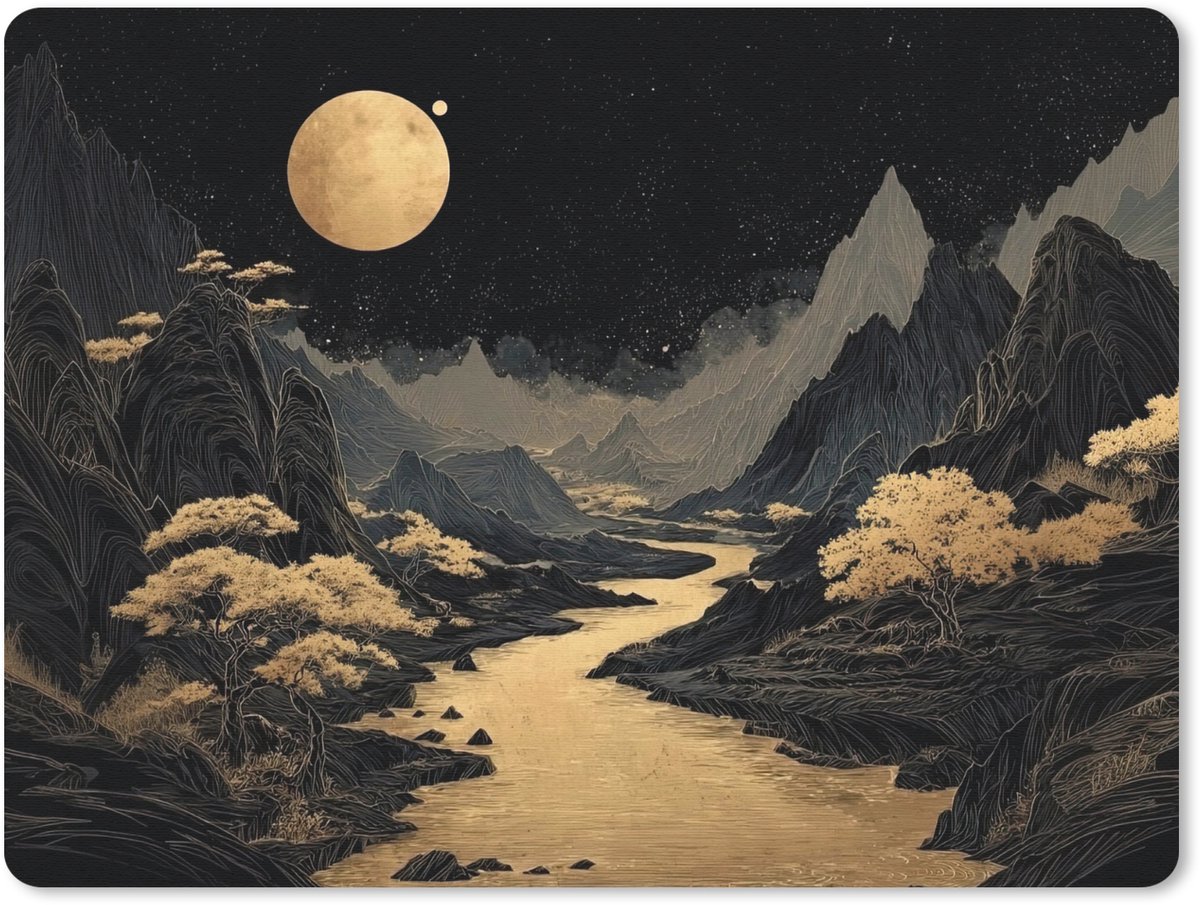 Muismat 23x19 cm - Mousepad Gouden rivier - Bergen - Maan - Sterrenhemel - Muismatten