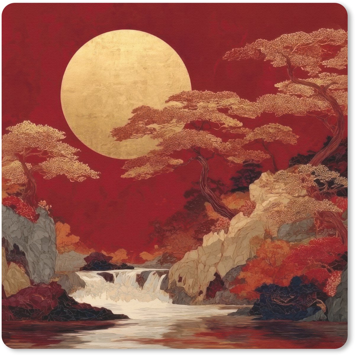 Muismat 20x20 cm - Mousepad Volle maan - Landschap - Waterval - Muismatten