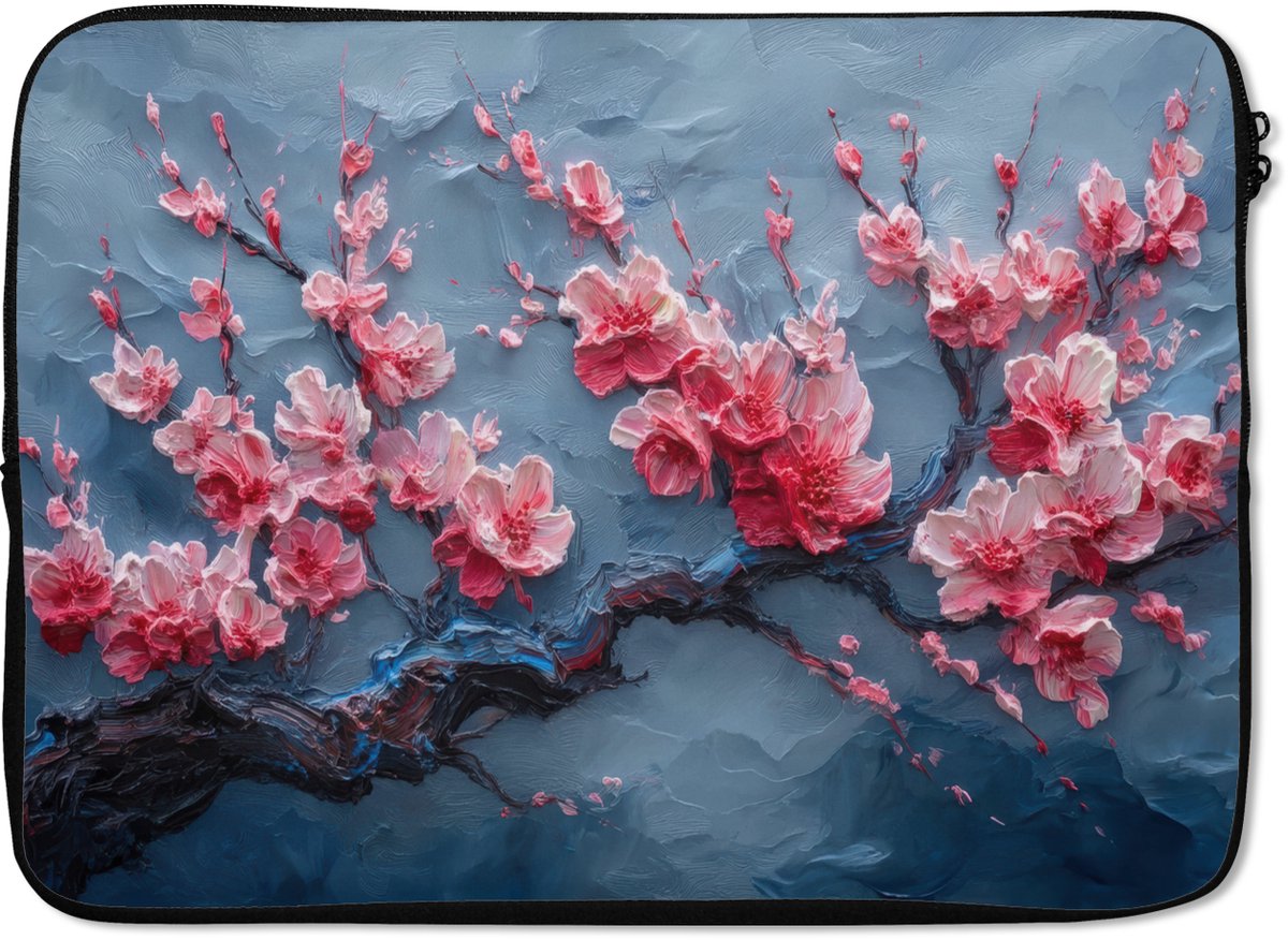 Laptophoes 14 inch - Bloesem - Bloem - Roze - Tak - Laptop sleeve - Binnenmaat 33x23 cm - Zwarte achterkant