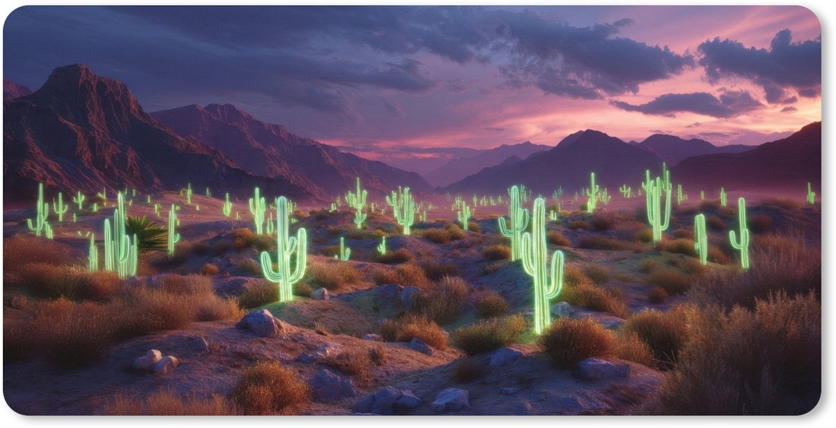 Muismat XXL 90x45 cm - Bureau onderlegger - Bureau mat Neon cactussen - Woestijn - Zonsondergang - Bureaumat - Gaming mousepad xl - Bureaulegger groot - Computer deskmat