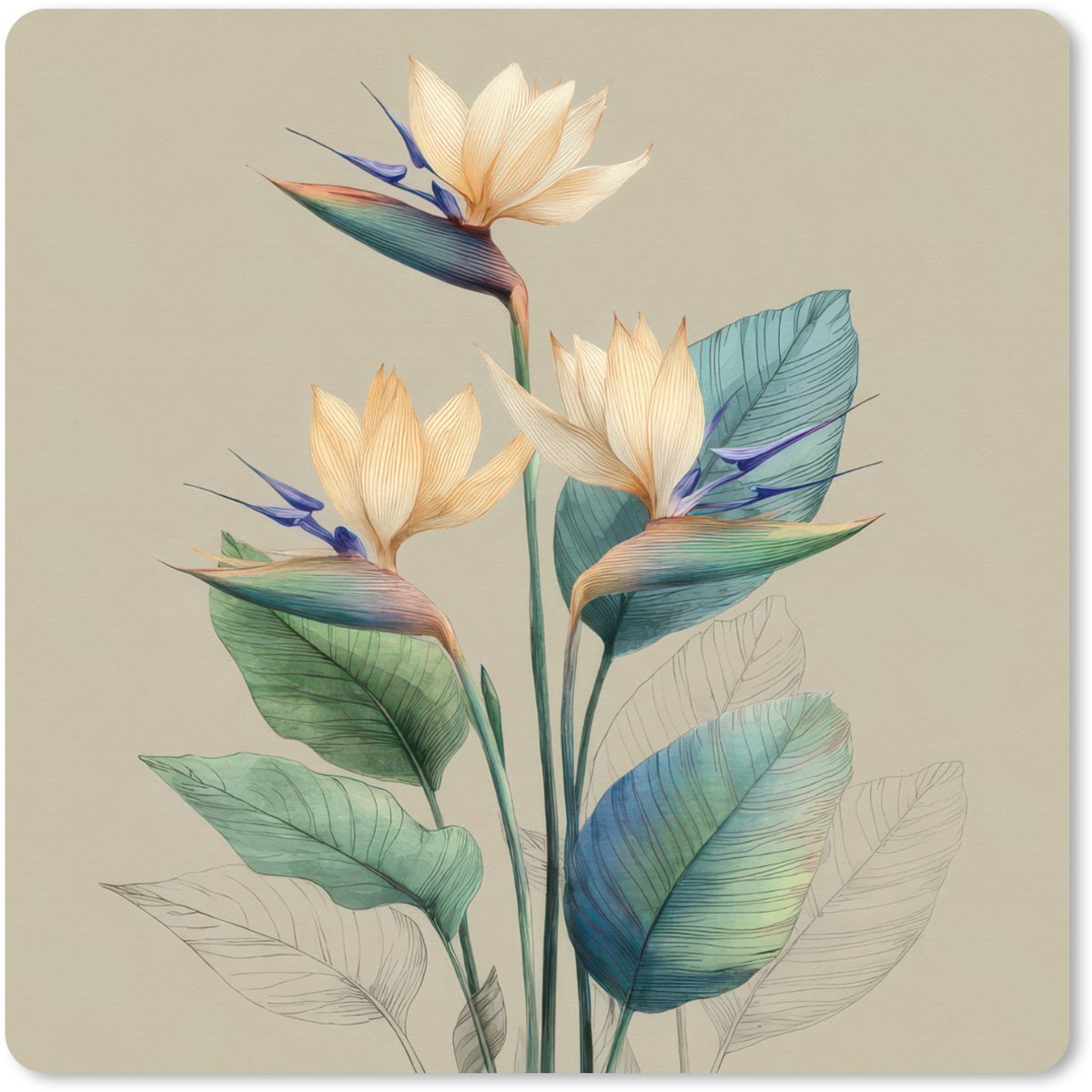 Muismat XXL 50x50 cm - Bureau onderlegger - Bureau mat Paradijsvogelbloemen - Blauwgroene bladeren - Beige - Bureaumat - Gaming mousepad xl - Bureaulegger groot - Computer deskmat